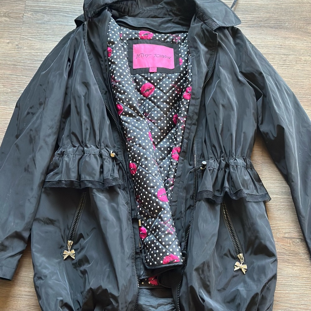 Betsey Johnson Black Jacket with Pink Lip and polka dot Lining